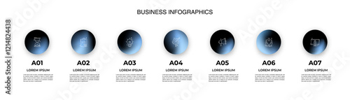 Modern Business Infographic with Gradient Circular Icons – seven Steps Workflow Template.