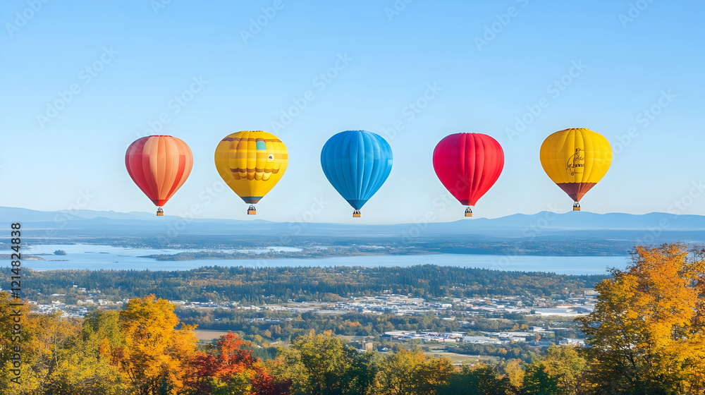 Fototapeta premium Five Colorful Hot Air Balloons Soar Over a Scenic Autumn Landscape with a River.