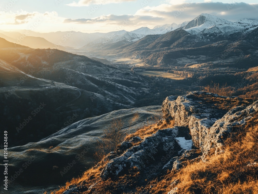 Fototapeta premium Rocky mountains and valleys under a golden sunrise.