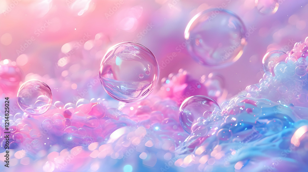 Abstract 3D render of iridescent soap bubbles floating over a pastel background with bokeh effects. Abstract 3D render of iridescent soap bubbles floating over a pastel background with bokeh effects.