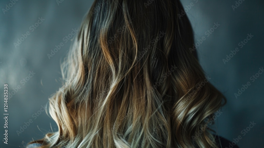 Naklejka premium Portrait of a woman with long, curly hair looking down in a contemplative pose. Perfect for lifestyle or stock photography.