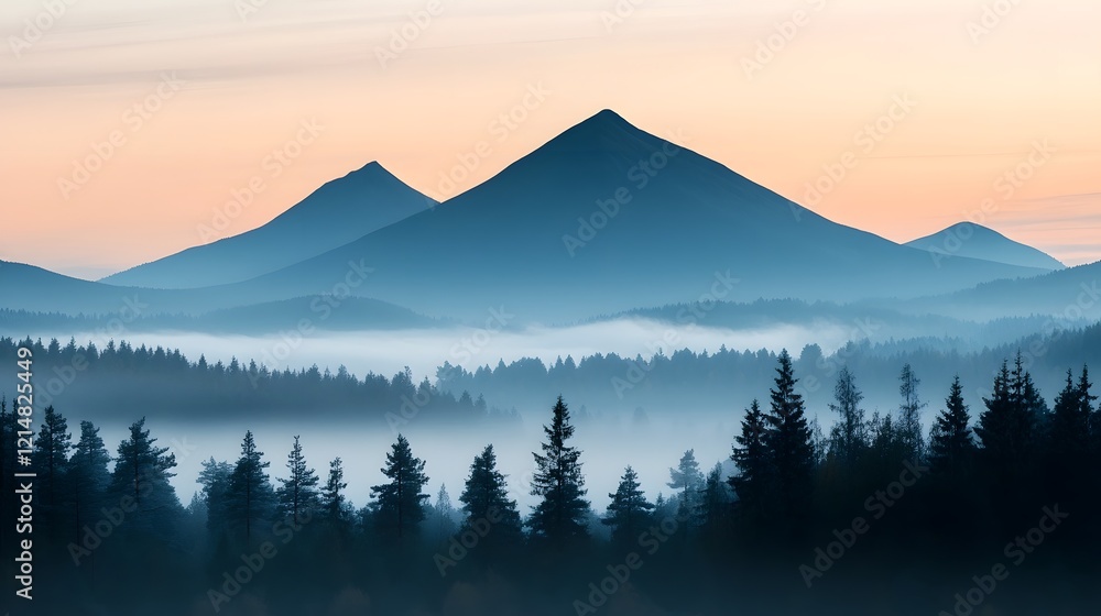 Naklejka premium Serene Mountain Landscape with Misty Peaks at Sunrise for Backgrounds