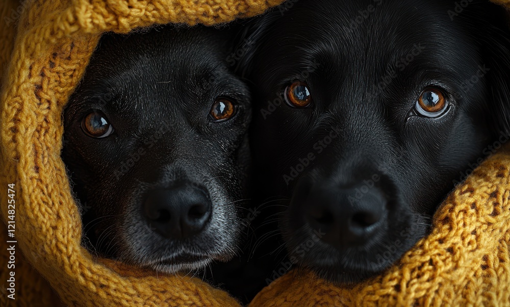 Two Adorable Black Dogs Snuggled Together Under a Cozy Yellow Blanket Showcasing Their Sweet Expressions and Close Bond in a Heartwarming Home Setting Two Adorable Black Dogs Snuggled Together Under a Cozy Yellow Blanket Showcasing Their Sweet Expressions and Close Bond in a Heartwarming Home Setting