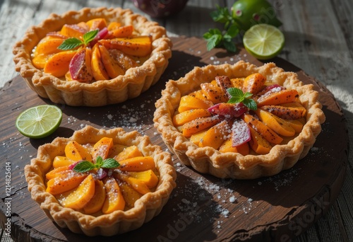 Exotic fruit pies with vibrant slices of dragon fruit, mango, and passion fruit, nestled in a golden, flaky crust, presented on a rustic wooden table with dramatic lighting and deep shadows  photo