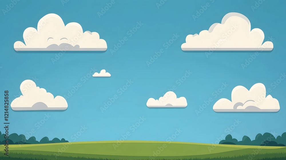 Fototapeta premium Idyllic Blue Sky with Fluffy Clouds over Open Grassy Field Scenery