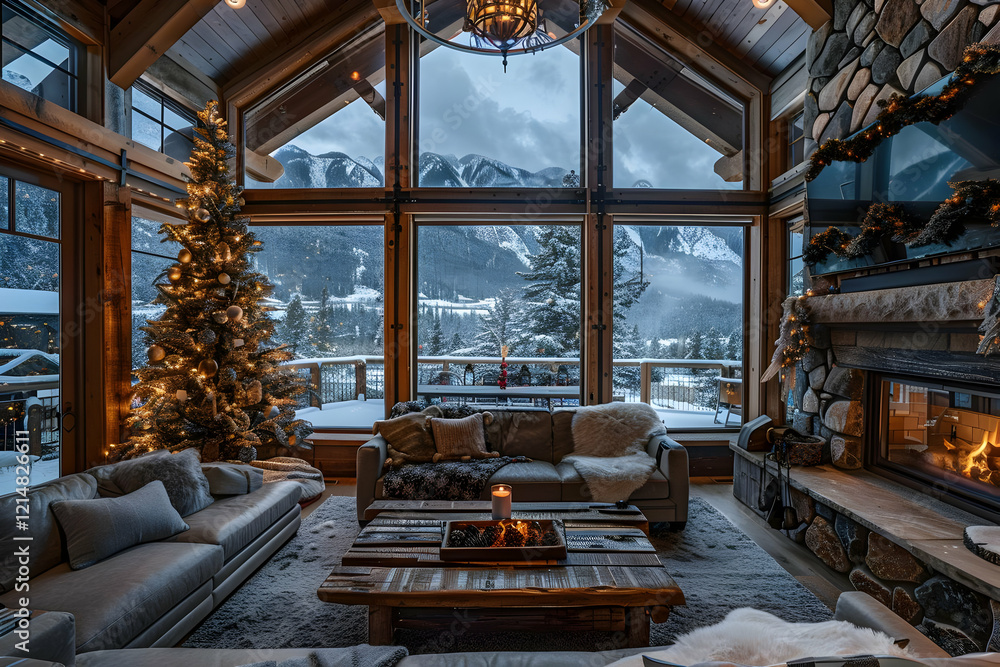 Cozy cabin interior displays a Christmas tree, fireplace, and mountain views in winter. Cozy cabin interior displays a Christmas tree, fireplace, and mountain views in winter.