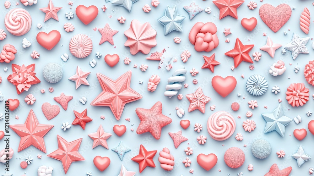 Fototapeta premium A vibrant collection of pastel-themed decorative shapes including stars, hearts, and swirls ideal for crafting, design, or festive occasions.