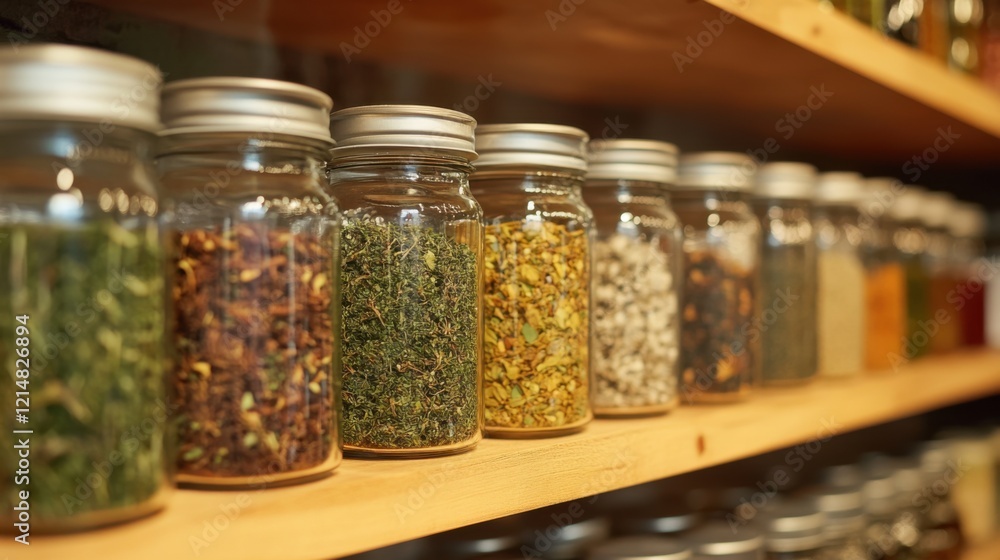 Colorful jars filled with various herbs and spices on a shelf. Colorful jars filled with various herbs and spices on a shelf.