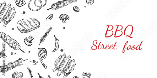 Menu design for barbeque, street food cafe. Shawarma, doner kebab, steak, ribs with fresh vegetables in brush stroke texture. Hand drawn vector sketch illustration in vintage charcoal ink style
