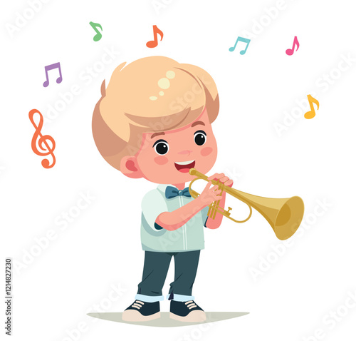 happy kid play trumpet music vector