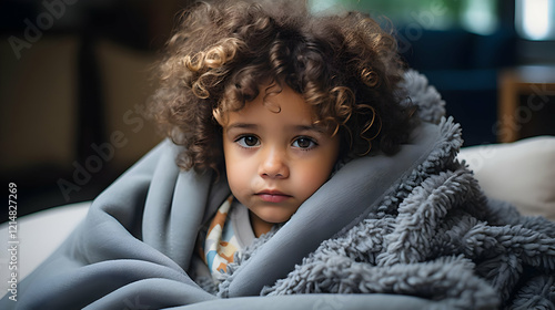 A young child wrapped in a ...