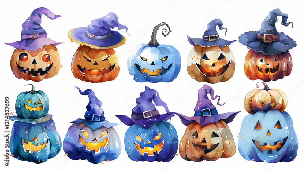Obraz premium Watercolor Halloween Pumpkins Wear Witch Hats, Spooky and Festive Delight