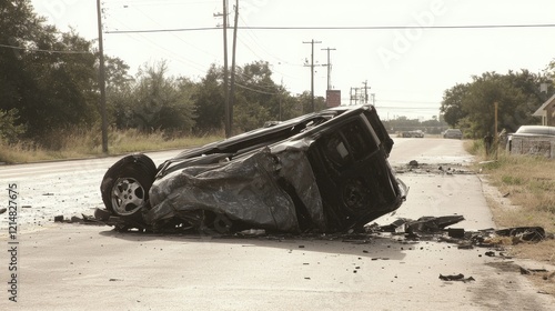 Overturned wrecked vehicle on road.
