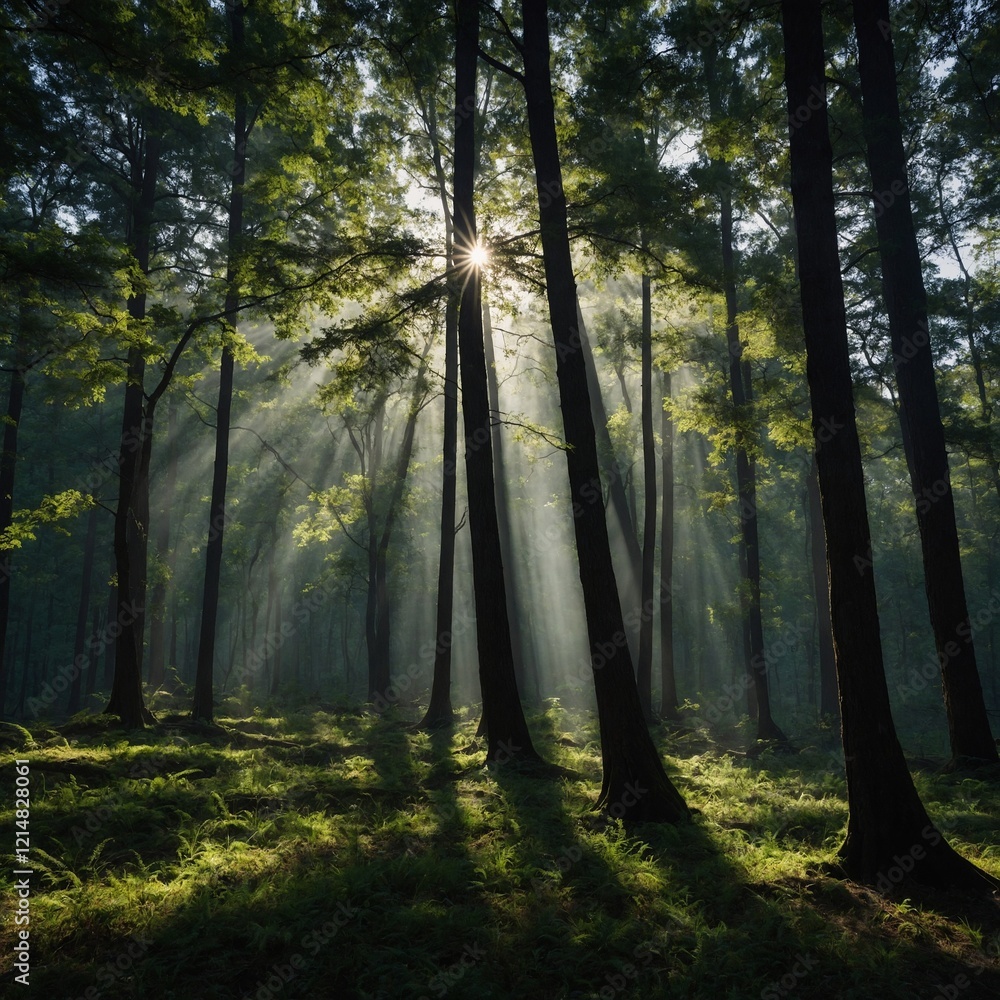 Obraz premium The surrounding trees are tall and dense, casting shadows on the ground while soft beams of light create a calm, glowing atmosphere.