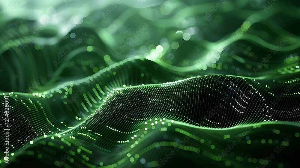 Abstract Green Wavy Background Flows Smoothly with Bokeh Lights and Grid Pattern Abstract Green Wavy Background Flows Smoothly with Bokeh Lights and Grid Pattern