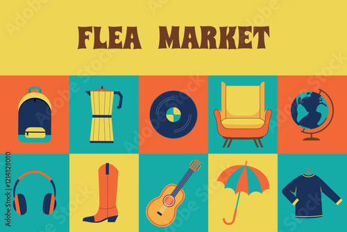  Checkered advertising template for flea market. Vector illustration for banner, poster, advertising booklet.	