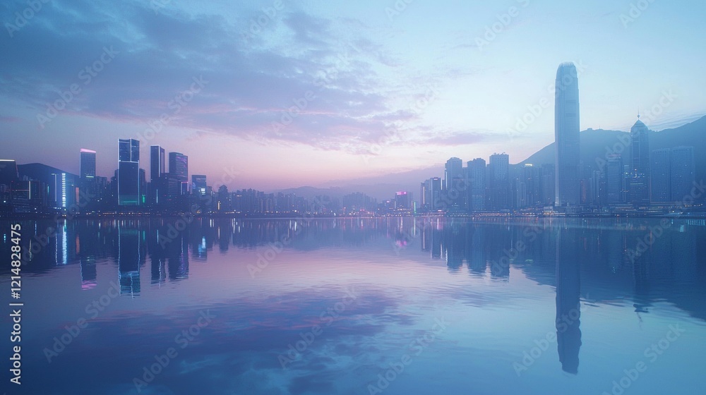 Obraz premium Futuristic Skyscrapers Reflected in Serene Harbor: A Cinematic Display of Ultra-Detailed Urban Symmetry