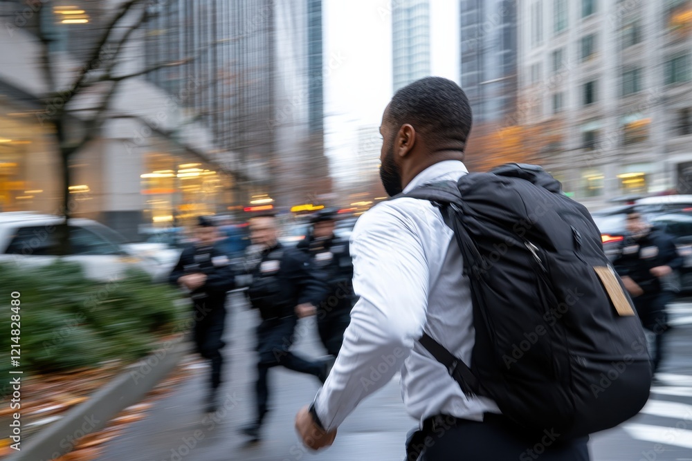A man in a business shirt dashes through a bustling urban environment, capturing a sense of urgency and movement amidst a backdrop of busy city life.