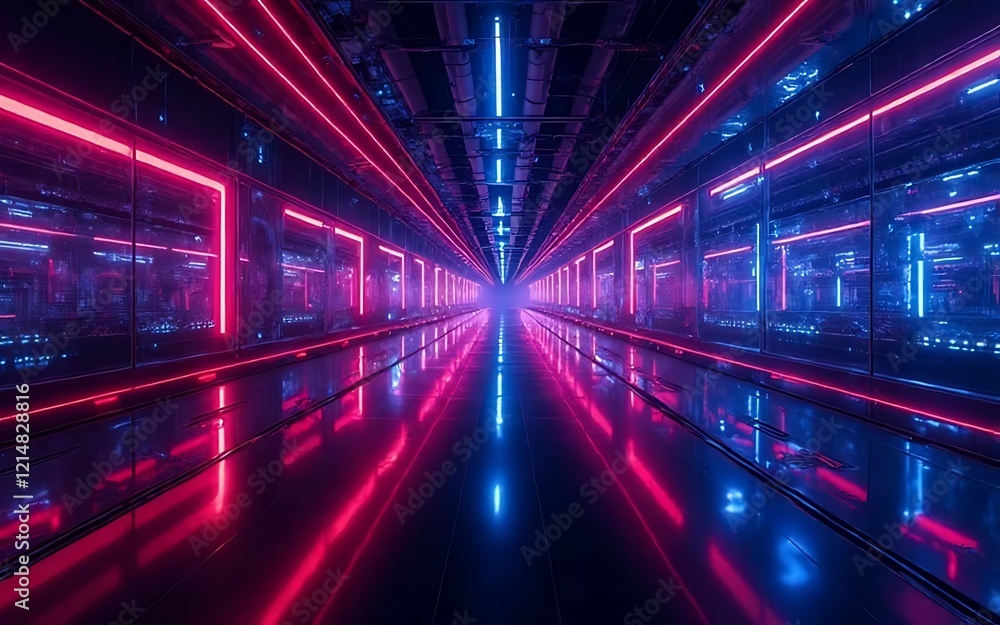 Fototapeta premium Neon Technology Corridor, Deep blues and reds creating movement towards tech innovation, ideal for tech trend publications