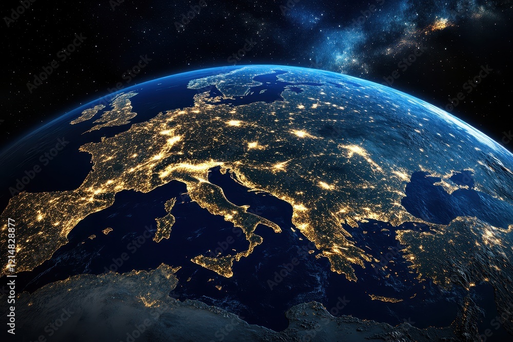 Obraz premium Night view of Europe, lit cities, space background, global map