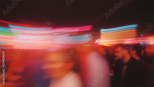 Blurred motion of people at vibrant night event with colorful lights creating lively atmosphere. dynamic scene captures energy and excitement of nightlife