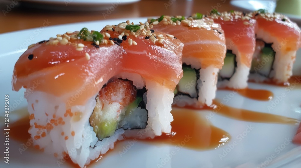 Delicious sushi rolls served on a white plate with garnishes. Delicious sushi rolls served on a white plate with garnishes.