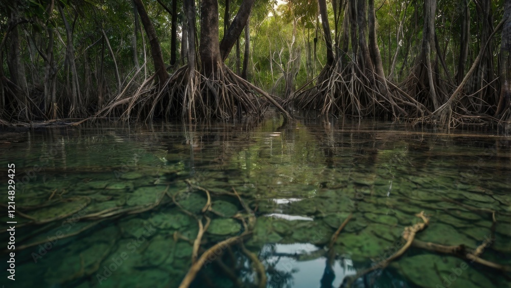 Mangrove Magic: Mystical underwater view of a mangrove forest, the intricate roots twisting through crystal-clear waters creating an ethereal, otherworldly landscape. Mangrove Magic: Mystical underwater view of a mangrove forest, the intricate roots twisting through crystal-clear waters creating an ethereal, otherworldly landscape.