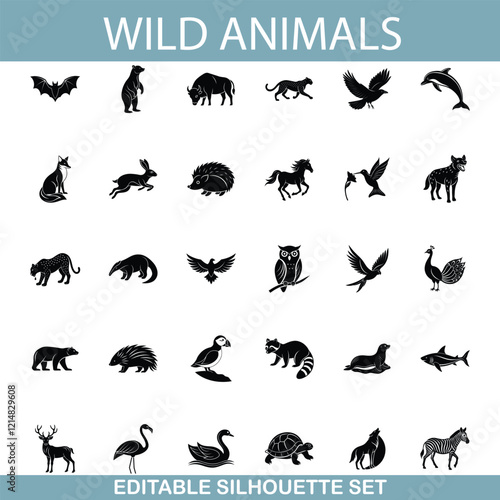 Editable Wild Animal Silhouettes Mammal, Bird, Reptile Icons Set