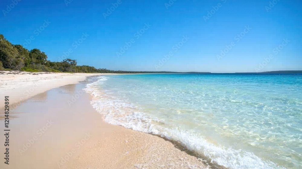 A golden beach stretching under a clear blue sky, with gentle waves lapping at the shore A golden beach stretching under a clear blue sky, with gentle waves lapping at the shore