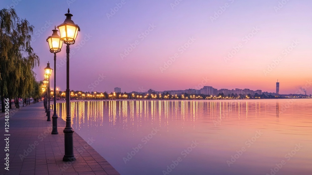 Serene Riverside Scene with Glowing Lampposts and Luminous Towers Reflecting in Water - Ultra-Detailed Cinematic Image Serene Riverside Scene with Glowing Lampposts and Luminous Towers Reflecting in Water - Ultra-Detailed Cinematic Image