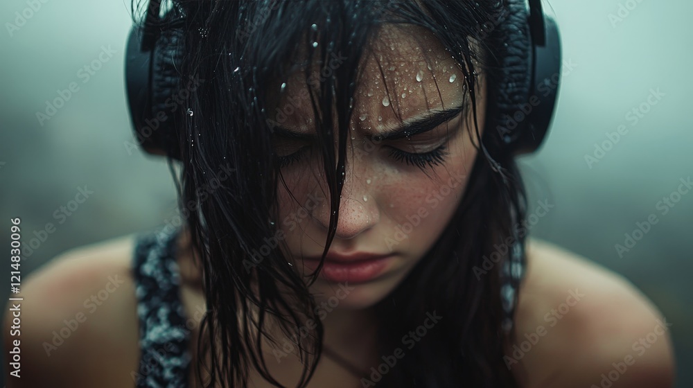 Naklejka premium A close-up of a young woman with wet hair and headphones, surrounded by rain. This image conveys solitude, music immersion, and emotional depth. Ideal for lifestyle and music themes.