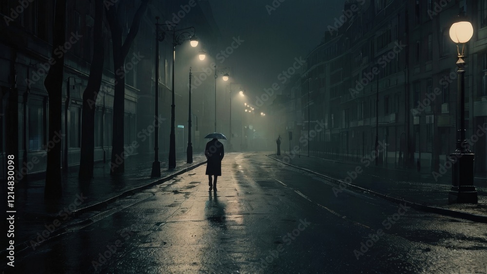 Solitude in the City Rain: A solitary figure, cloaked in shadow and holding an umbrella, walks along a rain-slicked city street bathed in the eerie glow of streetlights. Solitude in the City Rain: A solitary figure, cloaked in shadow and holding an umbrella, walks along a rain-slicked city street bathed in the eerie glow of streetlights.
