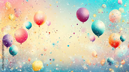 Colorful New Year celebration background with confetti, sparkling lights, and balloons floating against a gradient sky.