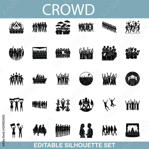Crowd Silhouette Icons Diverse People Gathering, Event, Protest
