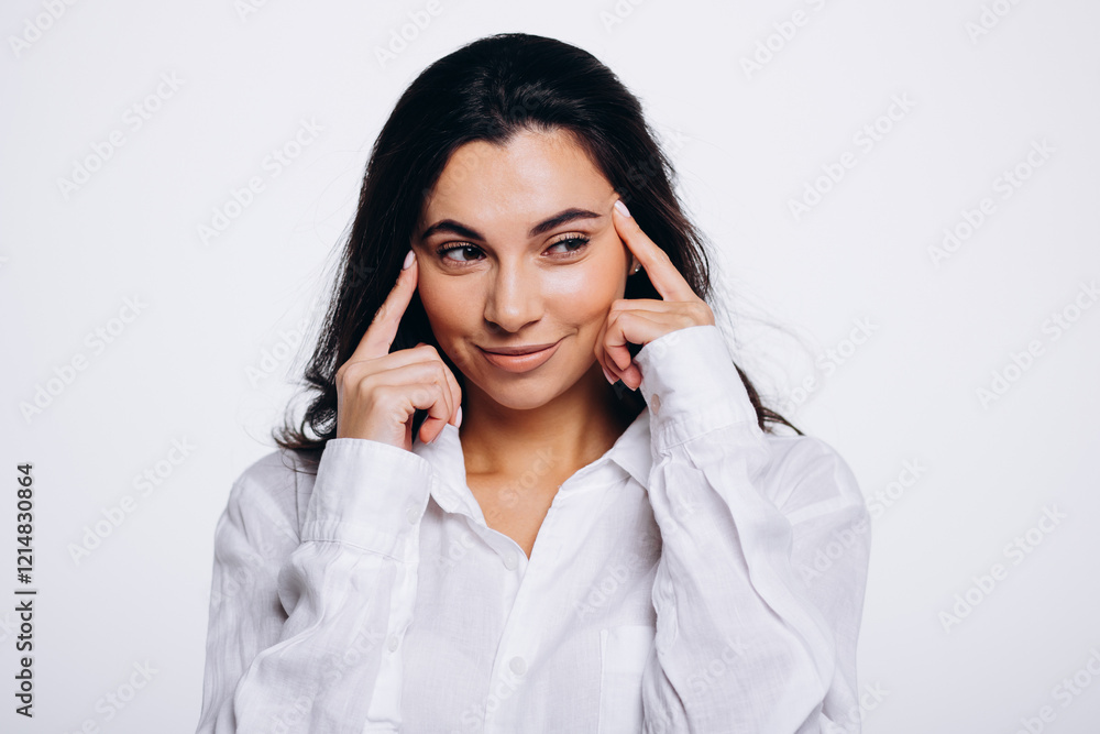 Woman holding her head with head and fingers thinking Woman holding her head with head and fingers thinking
