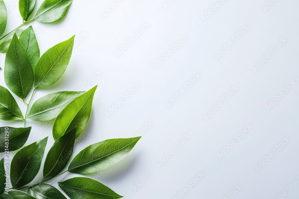 Fresh green leaves arranged on plain white background, creating bright and clean aesthetic. Perfect for nature themed designs or backgrounds Fresh green leaves arranged on plain white background, creating bright and clean aesthetic. Perfect for nature themed designs or backgrounds