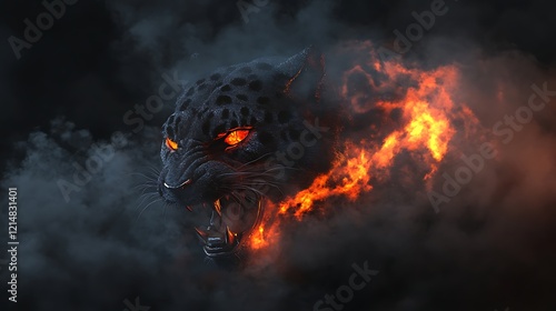 A demon shaped like a jaguar with fiery eyes appearing from dark fog photo