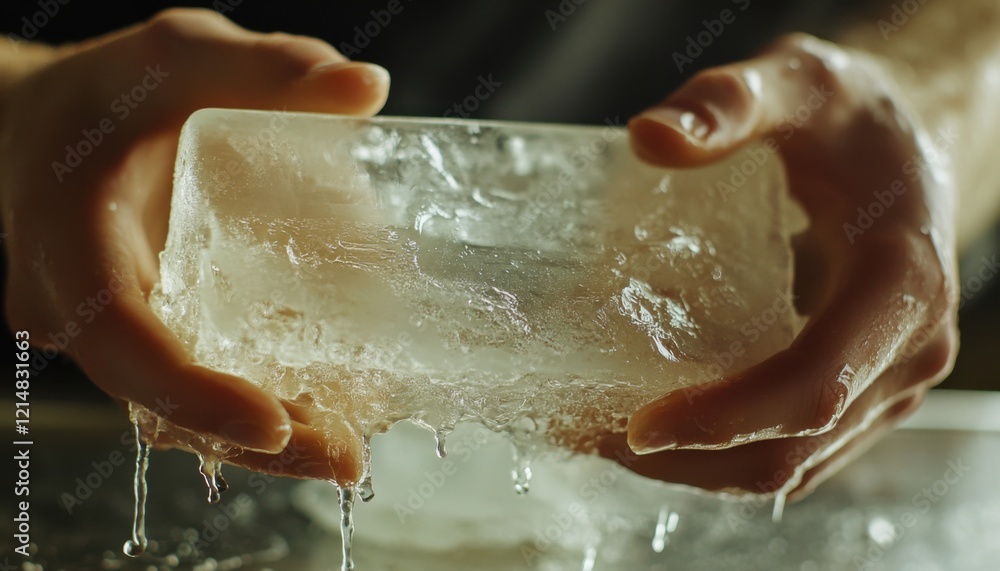 Fototapeta premium Hands holding a melting ice block in a kitchen setting.