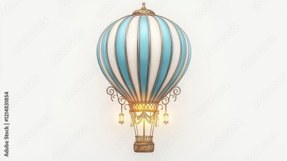 Obraz premium A vintage hot air balloon floating gracefully, featuring beautiful blue and white stripes and ornate details, representing adventure and exploration.