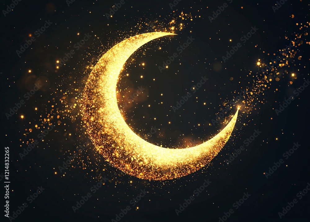 A radiant golden crescent moon with glittering particles on an empty background, a simple design with a Ramadan theme A radiant golden crescent moon with glittering particles on an empty background, a simple design with a Ramadan theme