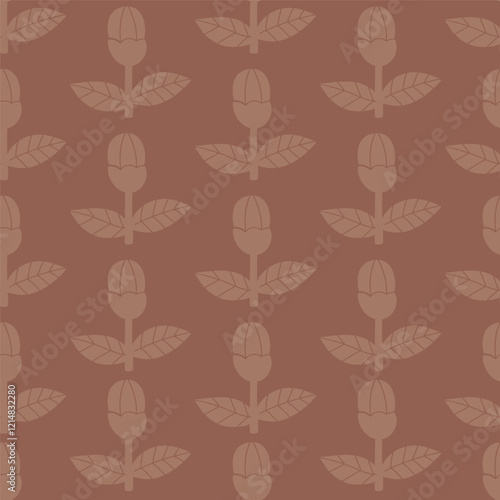 Floral Seamless Pattern. Elegant plants bud with leaves on brown Background. Minimal Design in mocha mousse color pantone 2025 year. Vector illustration. Hand drawing
