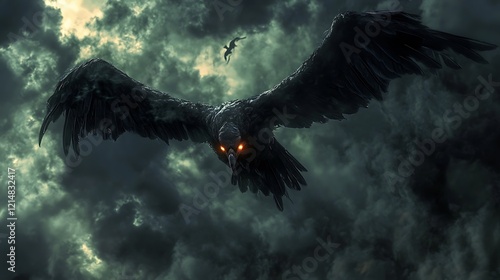 A monstrous vulture demon flying through dark clouds with glowing eyes