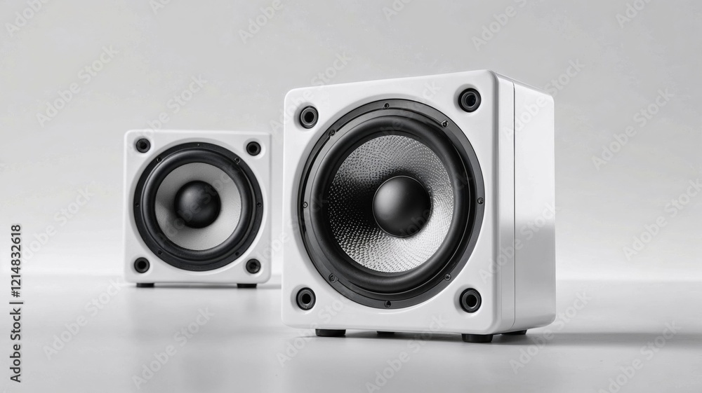 Minimalistic design meets high-quality sound: a sleek pair of white speakers with modern aesthetics and bold acoustics, perfect for home or studio audio setups Minimalistic design meets high-quality sound: a sleek pair of white speakers with modern aesthetics and bold acoustics, perfect for home or studio audio setups