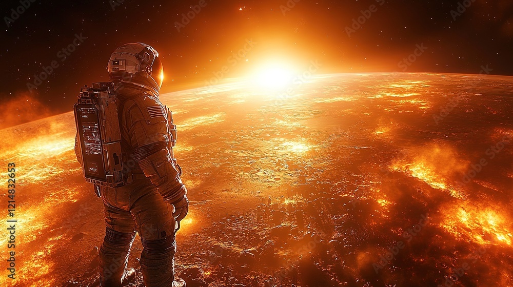 Astronaut observes fiery planet sunrise space exploration Astronaut observes fiery planet sunrise space exploration