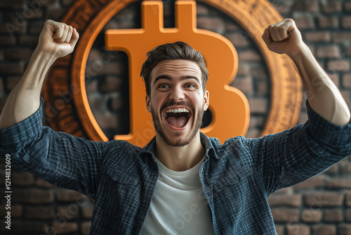 A man expresses excitement and happiness with a large Bitcoin symbol in the background. photo