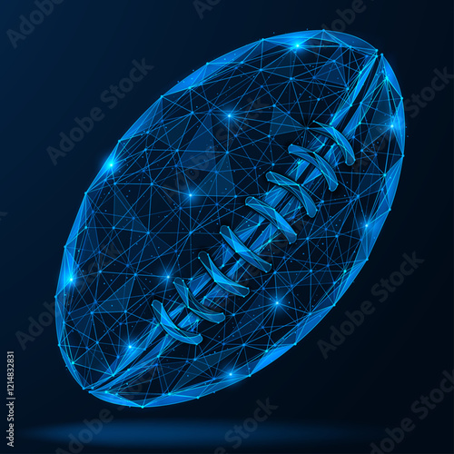 A rugby ball. Polygonal design of interconnected elements. Blue background.