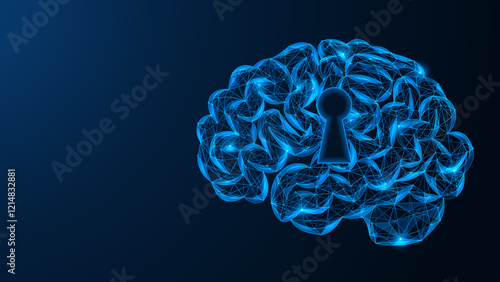 The human brain with a keyhole. Polygonal design of interconnected lines and dots. Blue background.