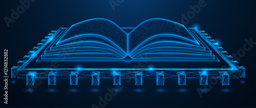 An electronic library, a book on a processor. Polygonal design of lines and dots. Blue background.