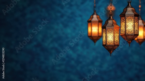 Illuminated Moroccan Lanterns Hanging Against a Dark Blue Background photo