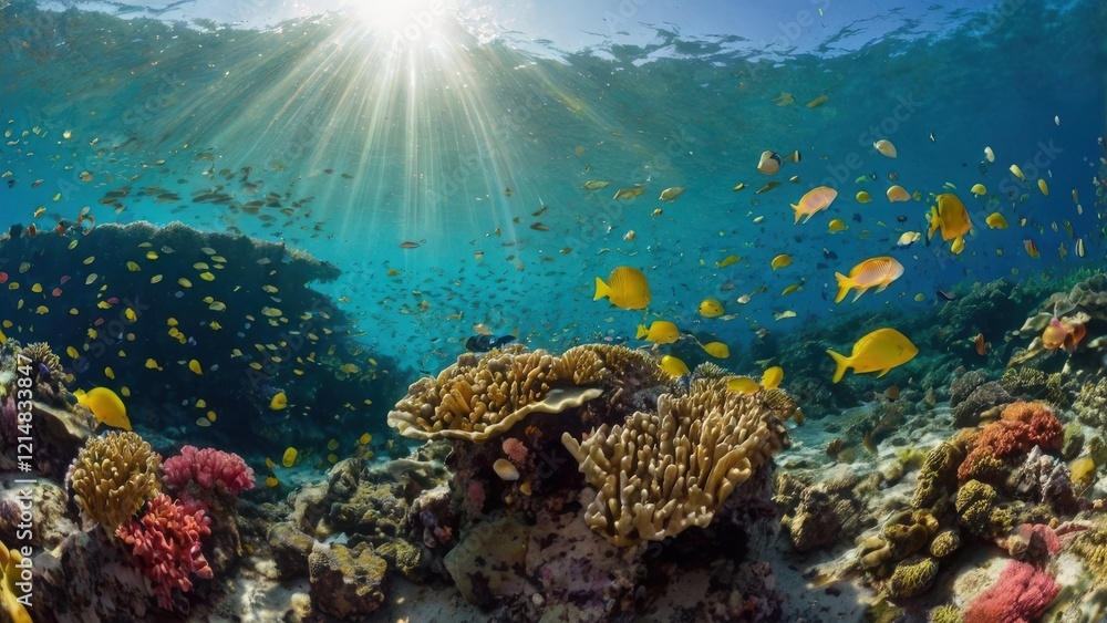 Fototapeta premium Sunlit Coral Reef: A vibrant underwater paradise bursts with life. A kaleidoscope of colorful fish swim amidst the intricate coral formations.